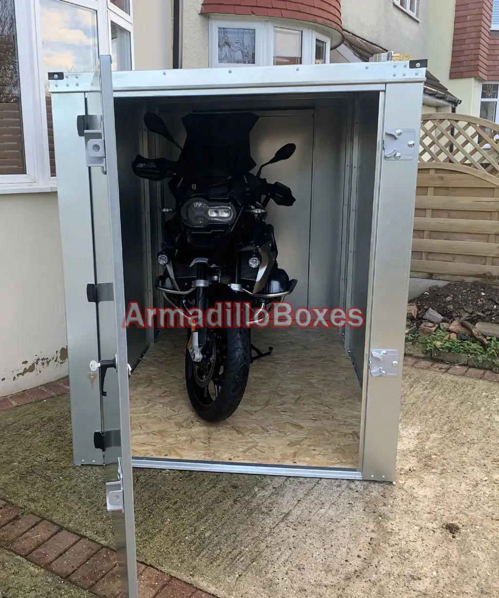 Armadilloboxes secure motorcycle shed BMW inside