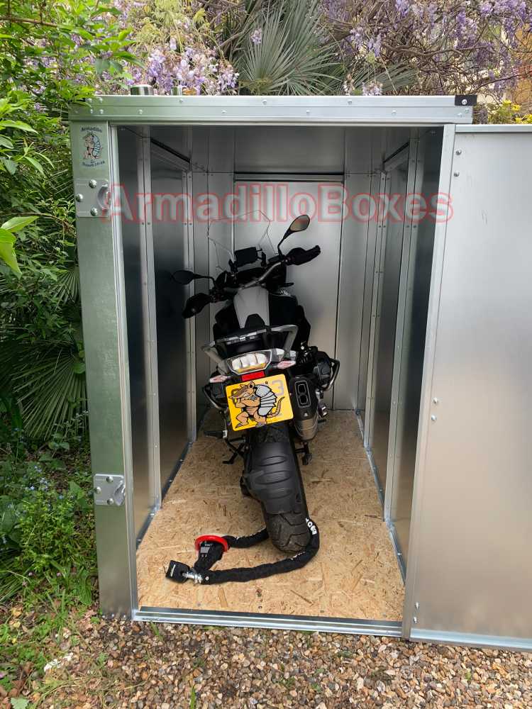 BMW 1250 in an ArmadilloBoxes secure motorcycle shed
