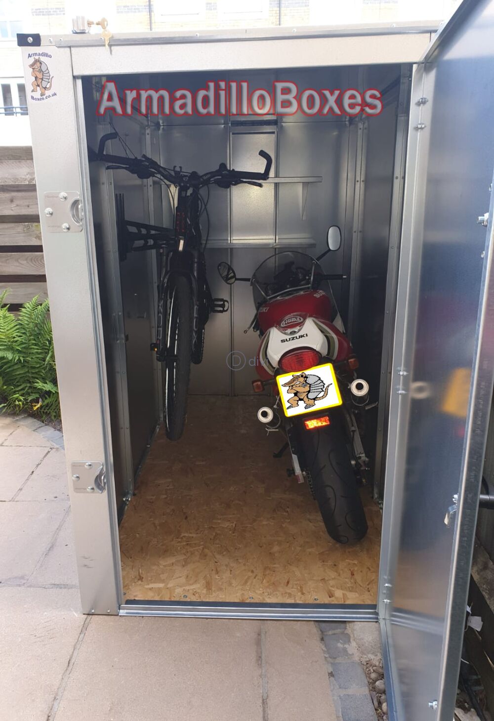 ArmadilloBoxes secure motorcycle shed with ducati inside