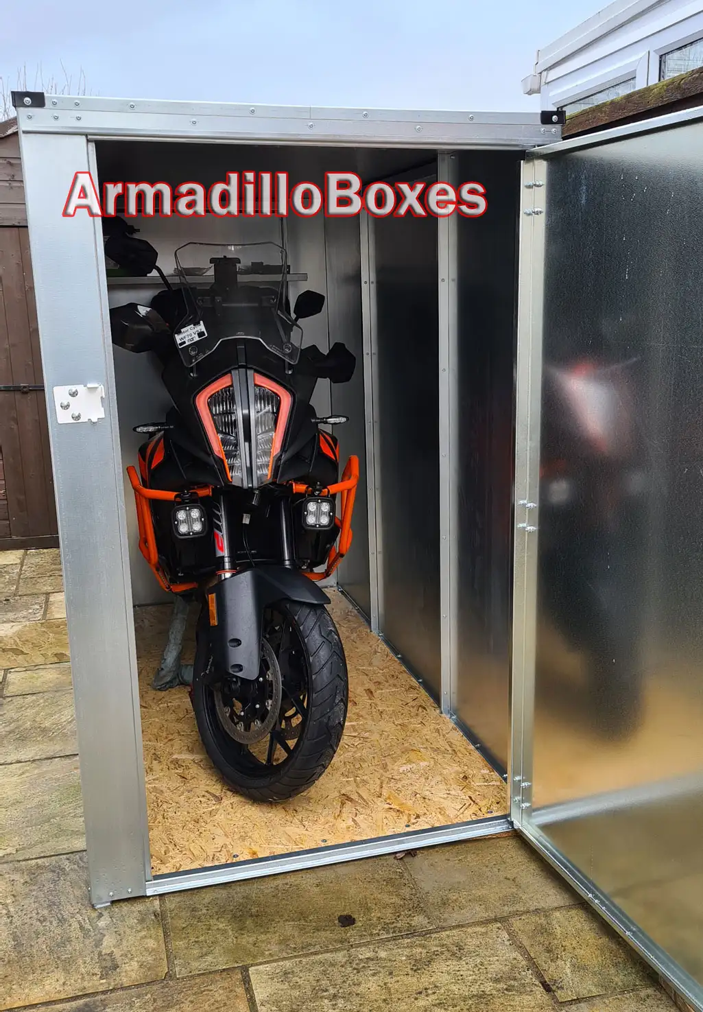 KTM inside an secure motorcle shed by armadillobox
