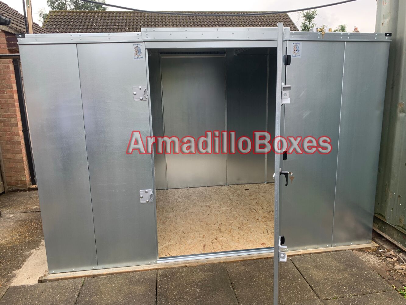 double motorbike shed single large door on side open