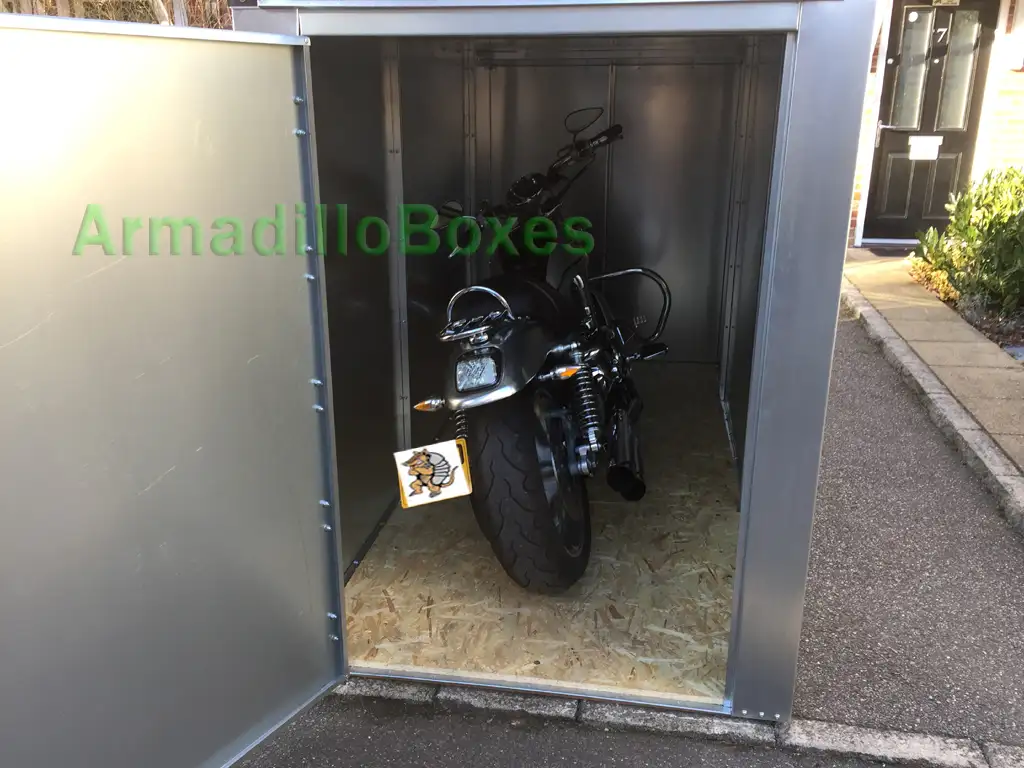 armadilloboxes shed with motorcycle in