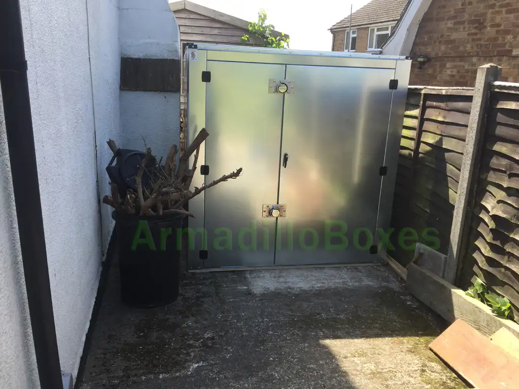 double motorcycle shed with access door in rear