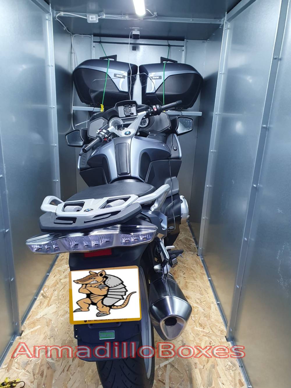 Secure metal shed BMW K1200RT inside