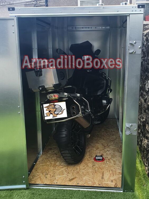 BMW R1200gs in an ArmadilloBoxes motorcycle Shed
